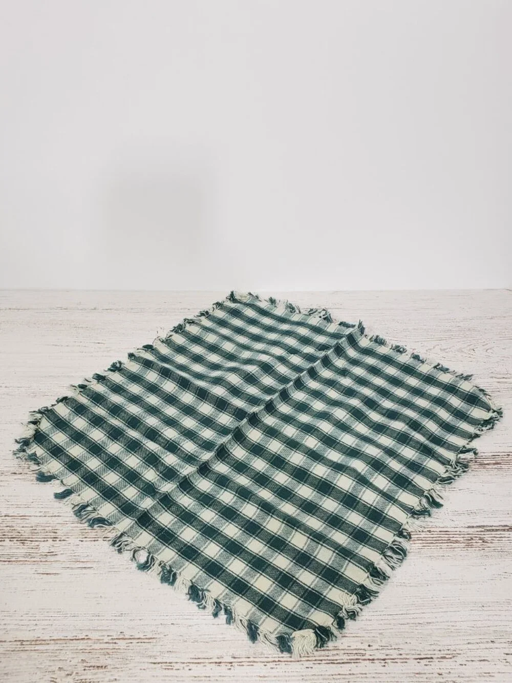 Green Check  Pair of woven cotton napkins 17 X 18 with fringe  primitive cottage